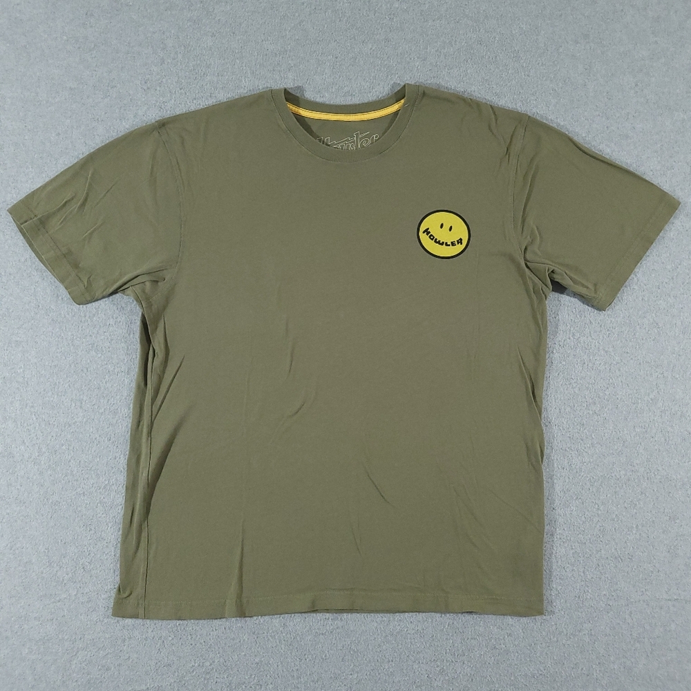 Howler Brothers Olive Green Short Sleeve Tee with Yellow Smiley Logo